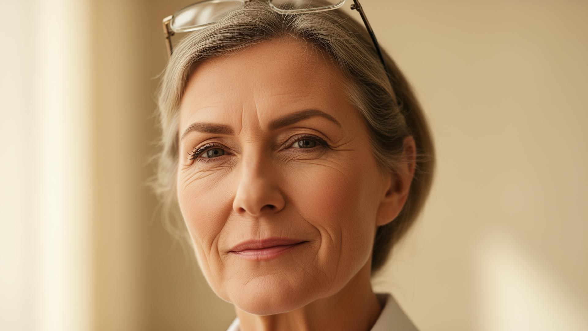 A woman in her 50s looking clearly into the distance, reading glasses pushed up on her head